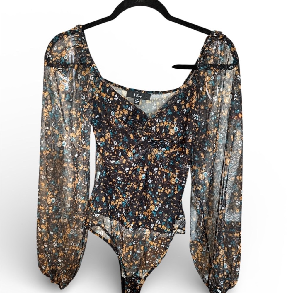 Lulu's Black Floral Twist-Front Long Sleeve Mesh Bodysuit Size Small